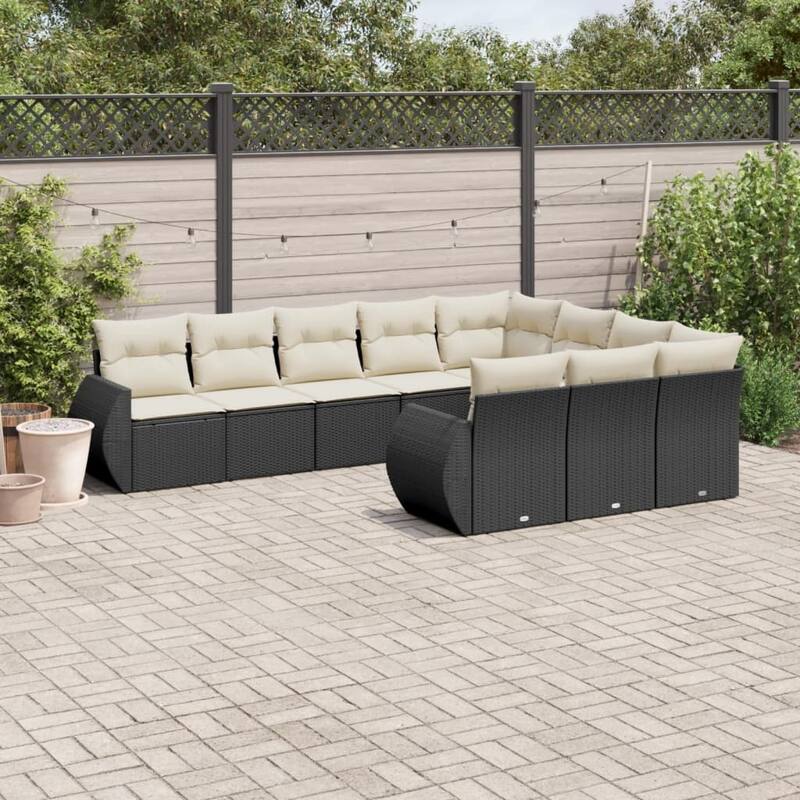 vidaXL Patio Sofa Set with Cushions Outdoor Conversation Furniture Poly Rattan - Black and cream without table - 24.4 x 28.0 x 27.2
