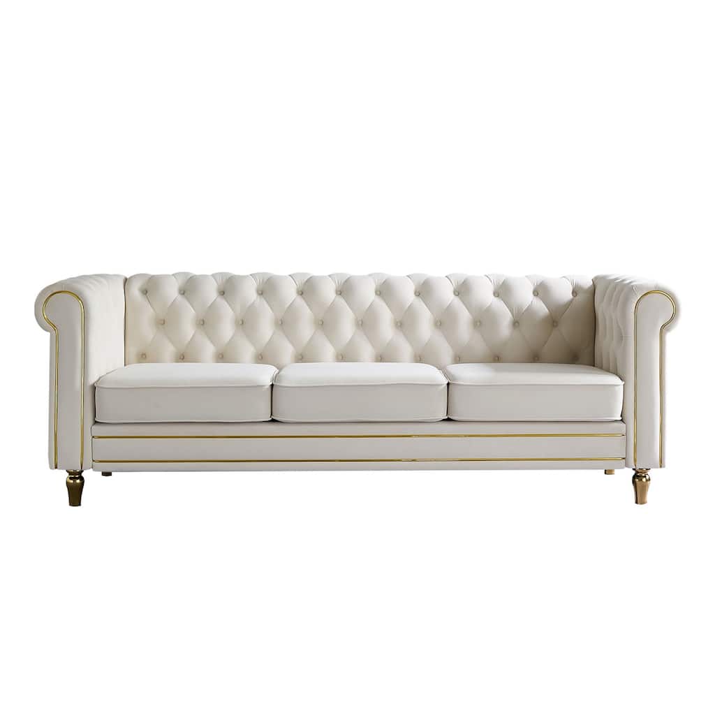 Roomfitters Chesterfield Velvet 85 Inch Rolled Arm Sofa Couch, Tufted Back Deep Seat, Beige
