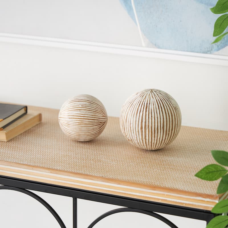 Cream Mango Wood Handmade Decorative Ball Orbs & Vase Filler with Carved Lines or Tribal Patterns (Set of 2)