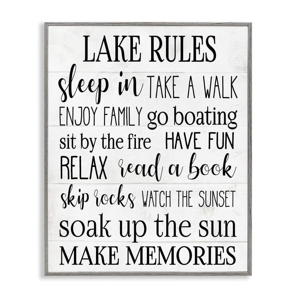 Stupell Motivational Lake Rules Sign Text Styles Black White Framed Giclee Texturized Art by Daphne Polselli