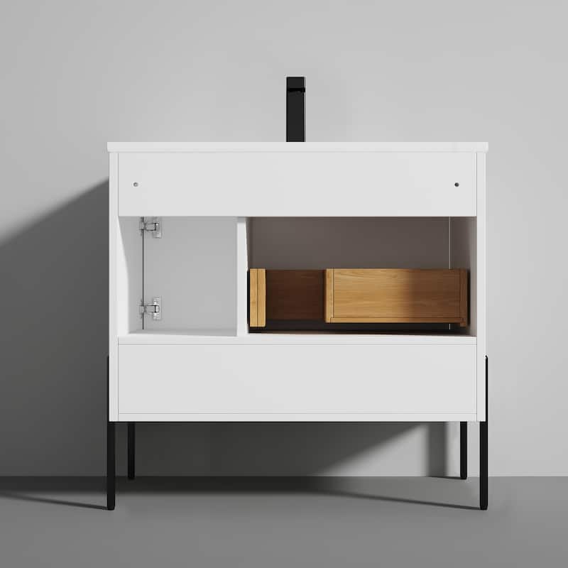 Freestanding Bathroom Vanity Set with Open Shelf & Topmounted Sink