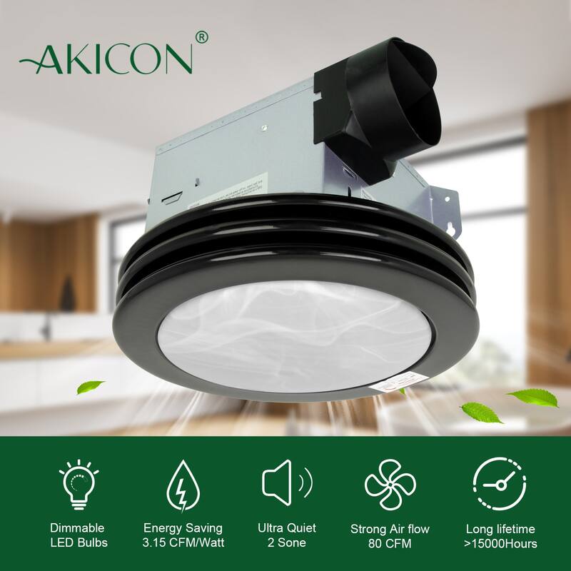 Akicon Ultra Quiet Bathroom Exhaust Fan with LED Light 80CFM 2.0 Sones Round Bathroom Ventilation Fan with Frosted Glass Cover