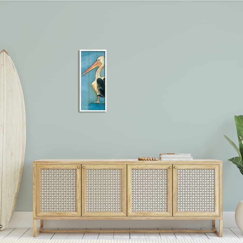 Stupell Pelican Bird Over Blue Planked Pattern Animal Painting Framed Wall Art
