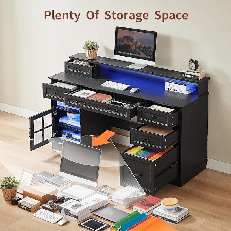 Executive Desk with Drawers Computer Desk with File Drawers Power Outlet LED Lights Storage Cabinet Monitor Shelf
