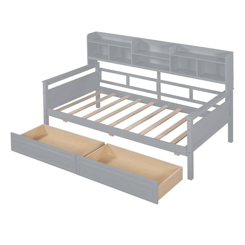 Twin/Full Size Daybed, Solid Wood Platform Sofa Bed Frame with Built In Bookshelves and Two Drawers