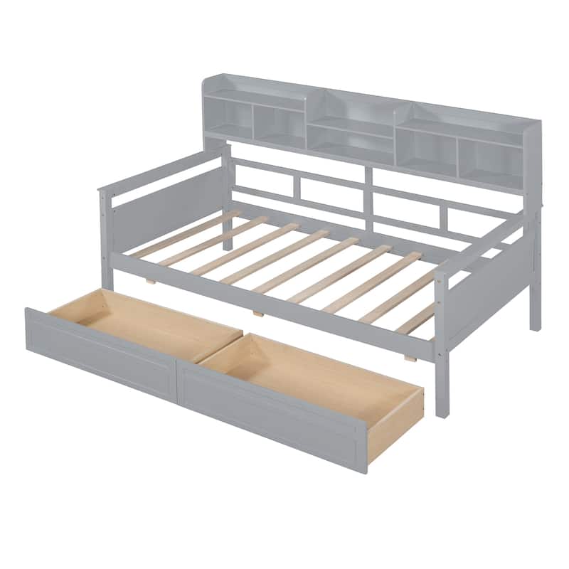 Wood Slat Support Daybed, with Bedside Shelves and Two Drawers