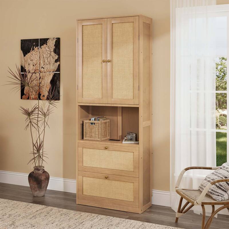 2 Doors Storage Cabinet with USB Port and 3 Drawers,for Home Storage and Decor - Natural