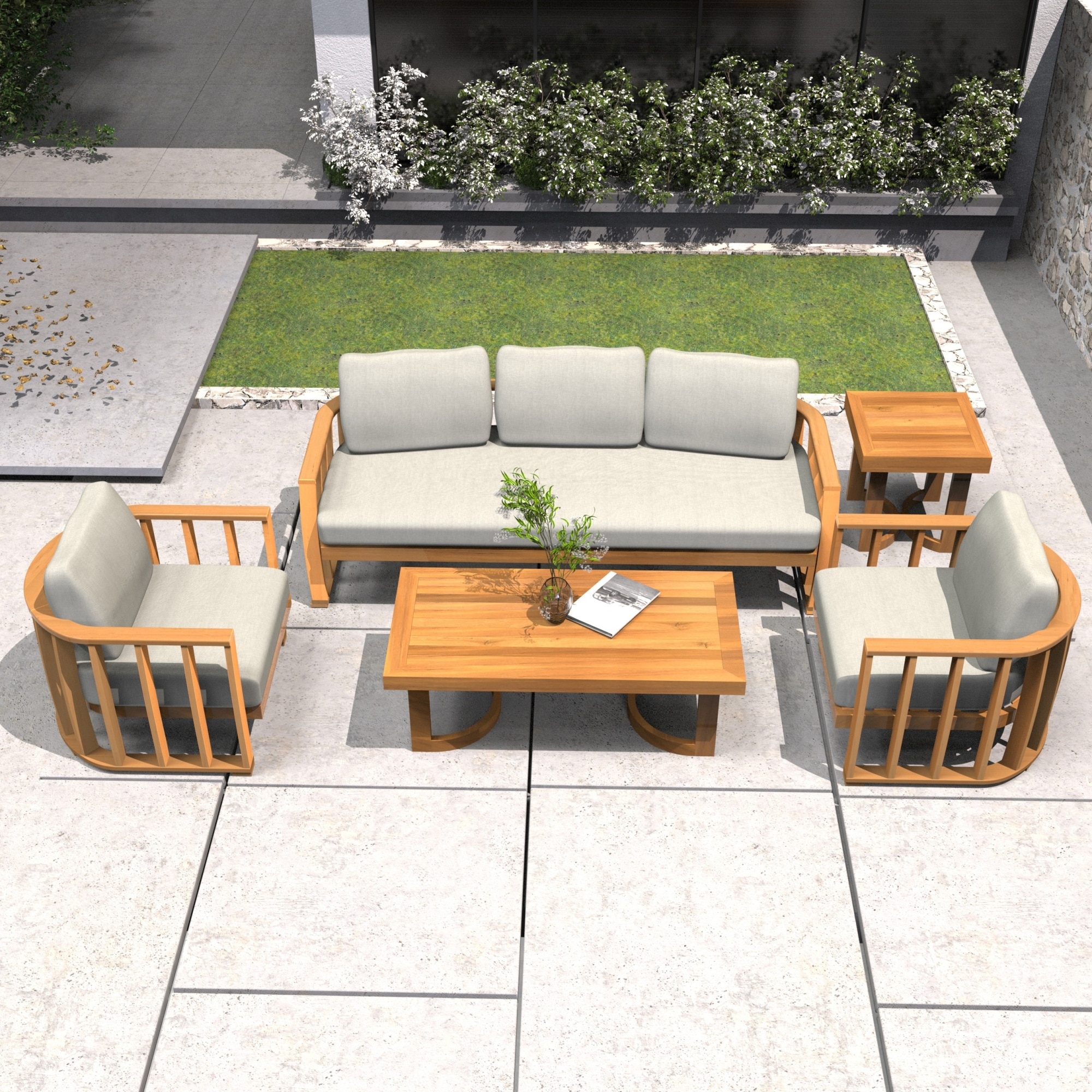 5-Piece Modern Outdoor Acacia Wood Sectional Sofa Set with Two Tables