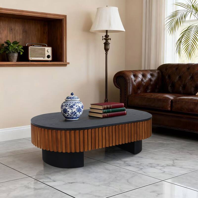 43.7" Black + Walnut Elliptical Coffee Table, Removable Top & Hidden Storage for Any Room