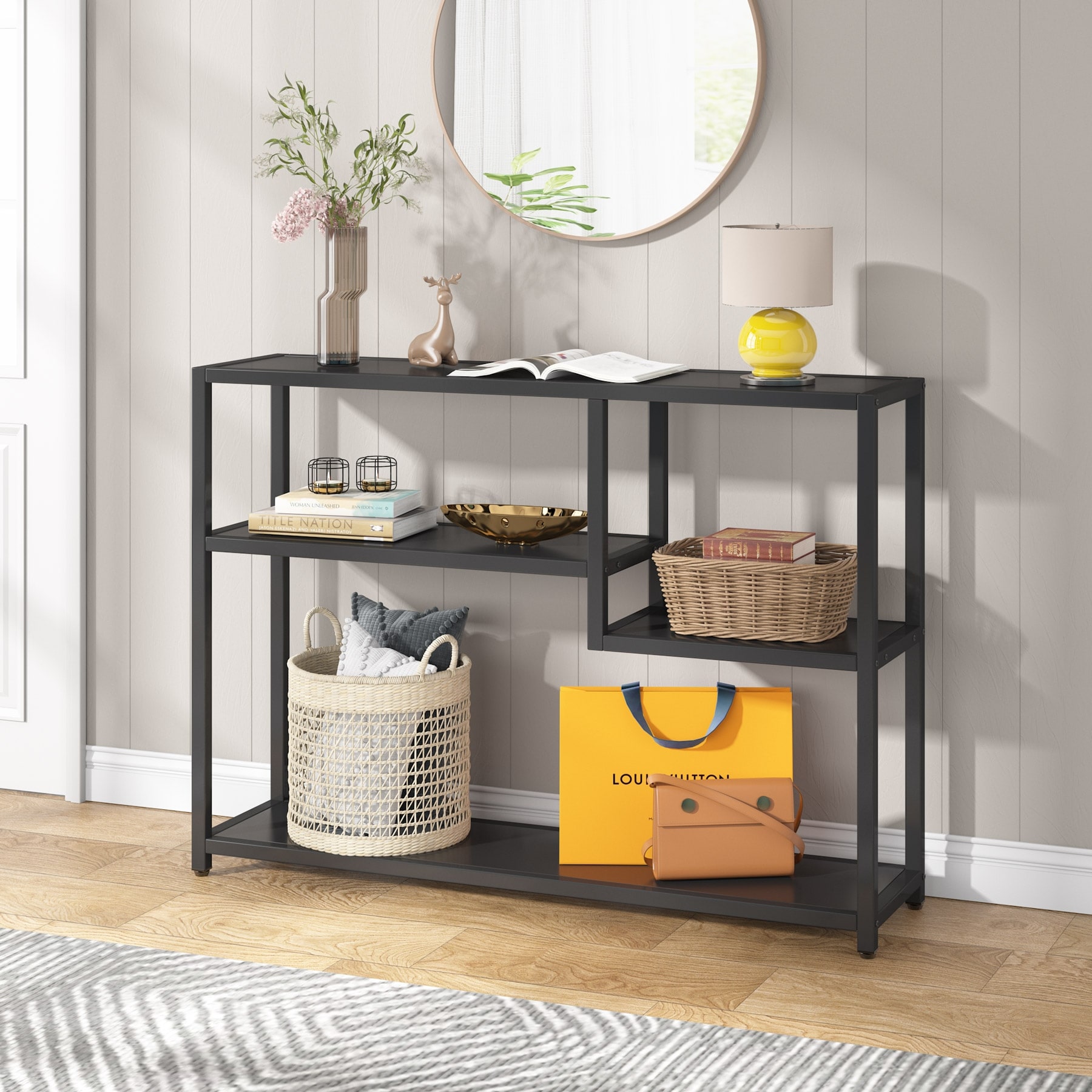 Black/ White 43 Inch Console Table with Storage Shelves,Small