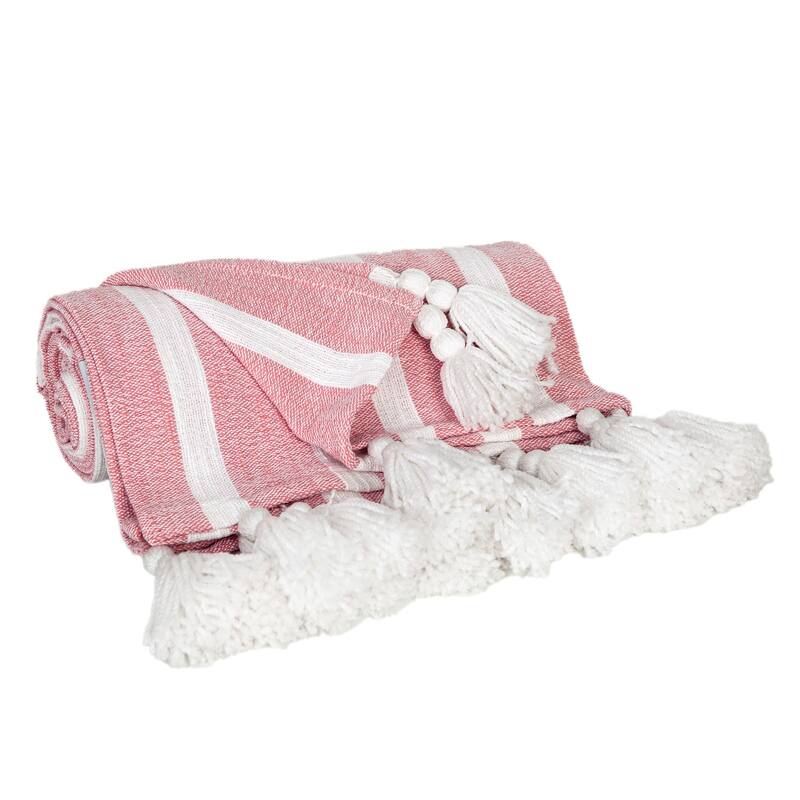 HomeRoots 50" X 60" Pink and White Woven Cotton Striped Throw Blanket with Tassels