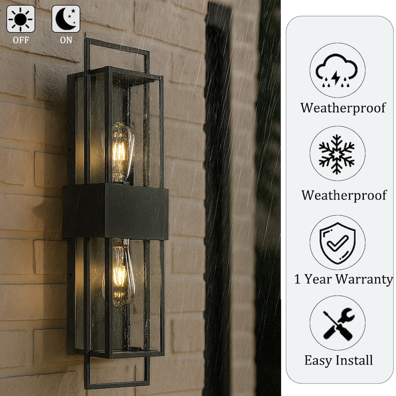 H26'' Modern Seeded Glass Outdoor Wall Light with Dusk to Dawn Sensor Black 2-Light Waterproof Sconce for Porch Garage - W6''