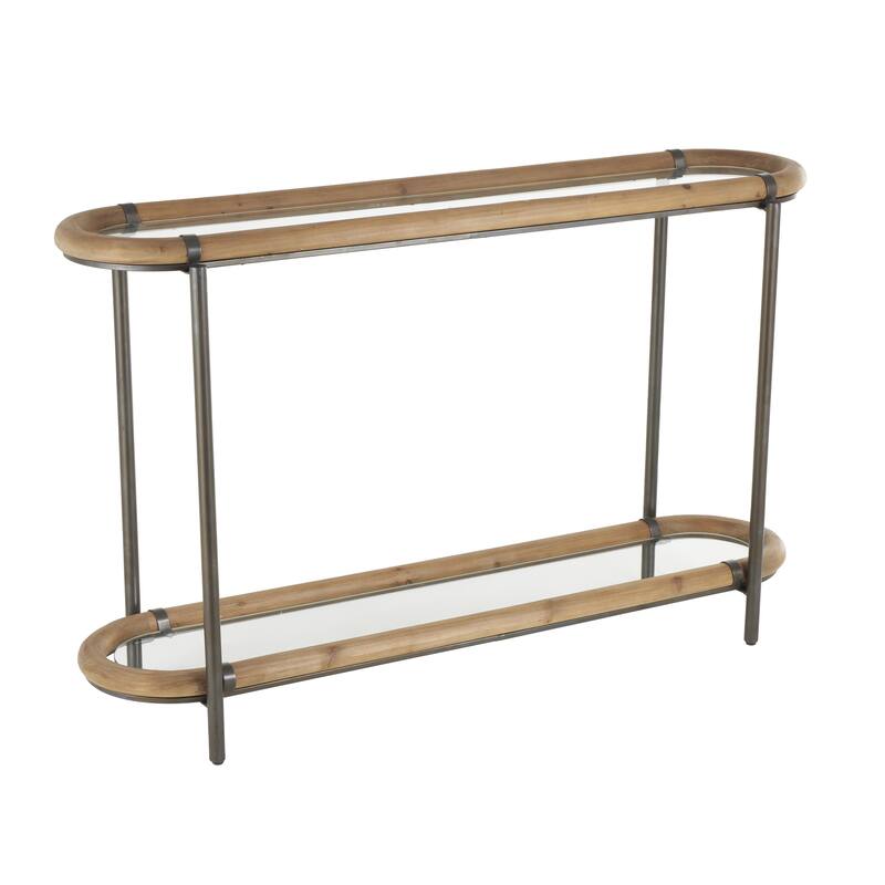 Metal Oval 1 Shelf Console Table with Brown Wooden Framed Glass Tabletop - Brass - Roche River Decor