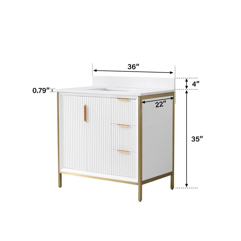 35''H Solid Wood Bathroom Vanity With Carrera White Quartz Top and Sink,White