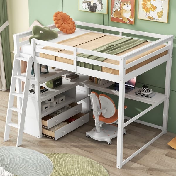 slide 2 of 8, White Modern Pine Wood Loft Bed with Desk, Shelves, and Two Built-in Drawers Full - White