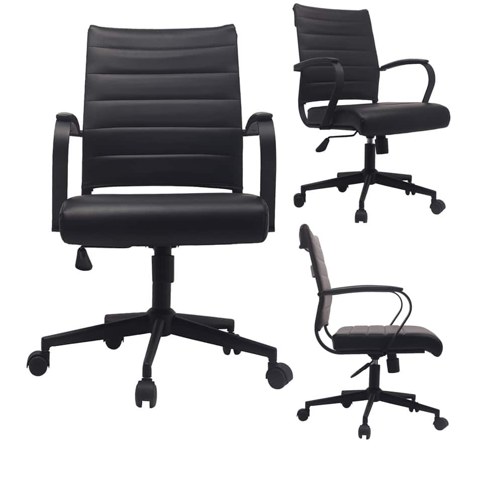 Black Office Chairs Mid Back Ribbed PU Leather Executive Task Work Conference With Arms Wheels Tilt Swivel Rolling