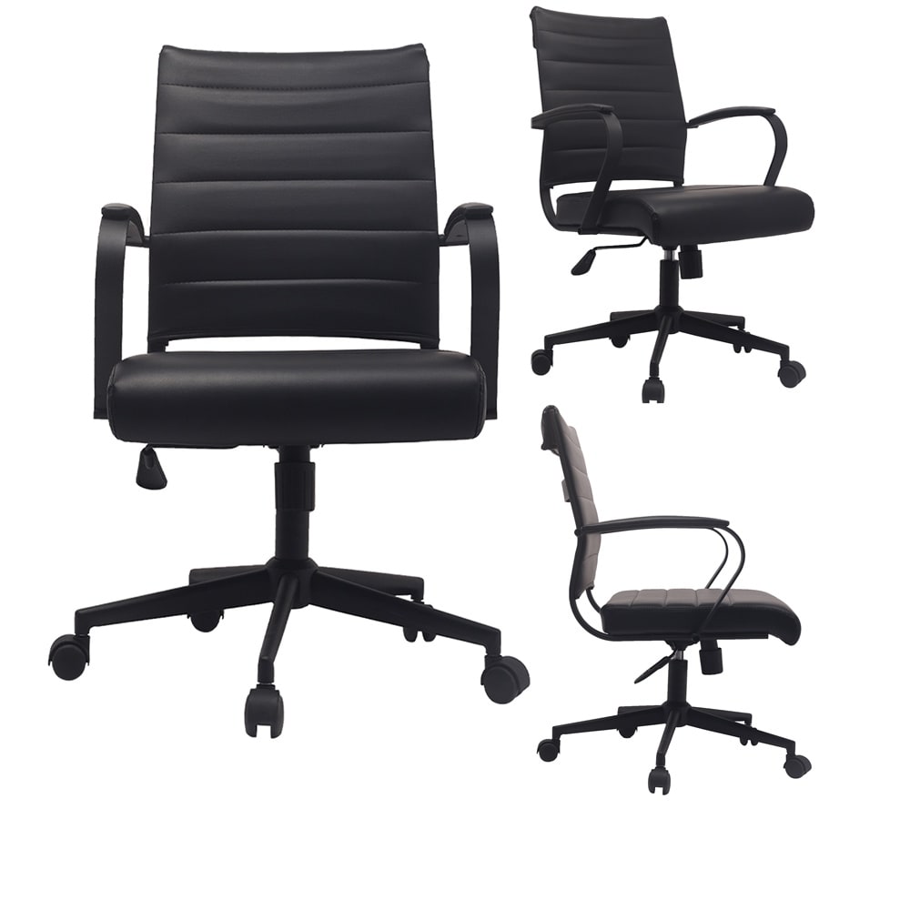 Black Office Chairs Mid Back Ribbed PU Leather Executive Task Work Conference With Arms Wheels Tilt Swivel Rolling