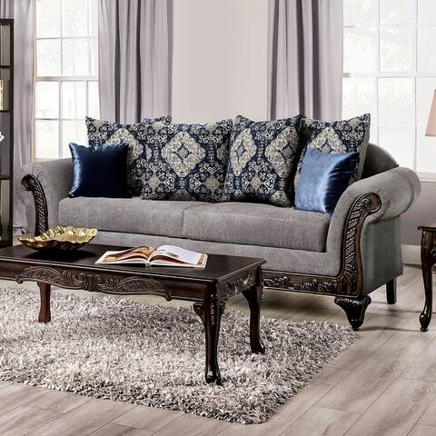 Furniture of America Hensly Traditional Grey and Walnut Chenille Sofa