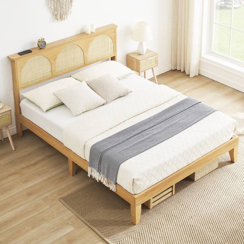 Ail Modern Wooden Platform Bed Frame Queen Size with Natural Rattan
