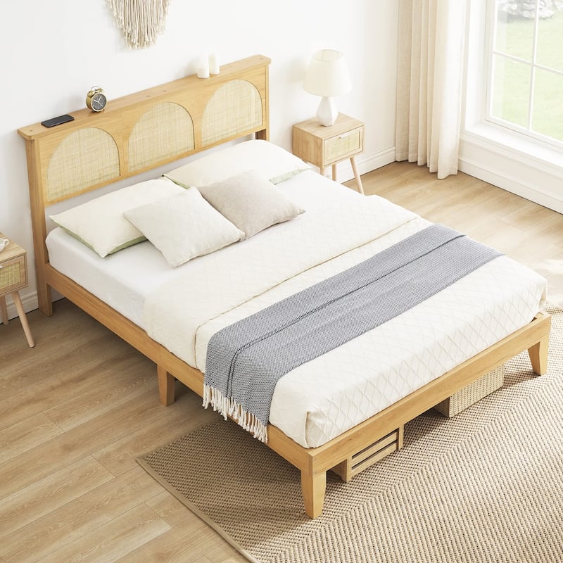 Ail Modern Wooden Platform Bed Frame Queen Size with Natural Rattan Headboard - Queen
