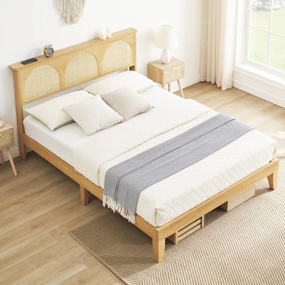 Ail Modern Wooden Platform Bed Frame Queen Size with Natural Rattan Headboard