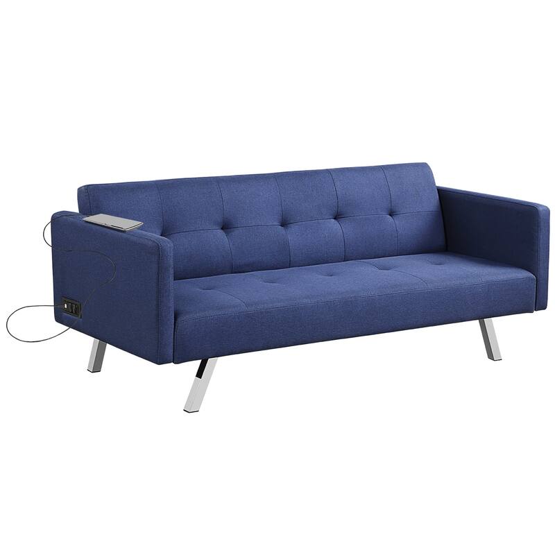 Costway Convertible Futon Sofa Bed Folding Recliner w/USB Ports&Power - Blue