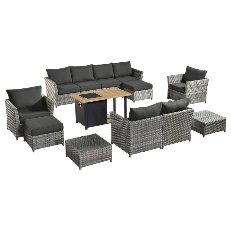HOOOWOOO 13-piece Grey Wicker Rattan Patio Outdoor Sectional Set with Fire Pit