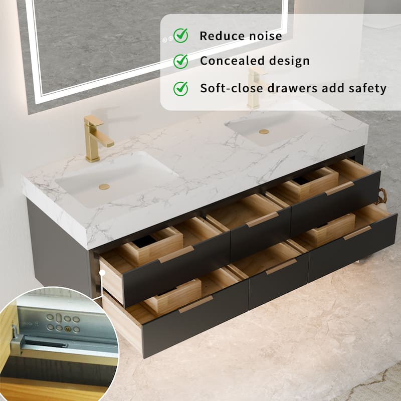 Modland 36/48/60 Inch Black Floating Bathroom Vanity with ETL LED Lights & Soft-Close Drawers, Waterproof Rubberwood
