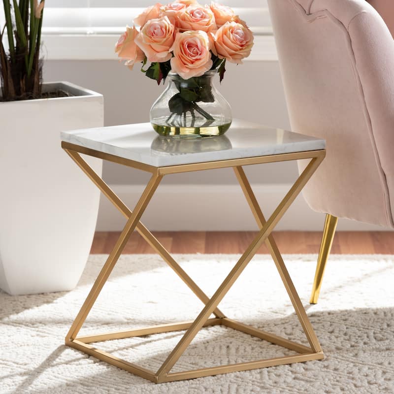Hadley Modern and Contemporary Metal End Table with Real Marble Top