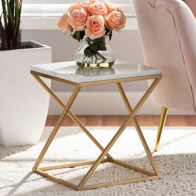 Hadley Modern and Contemporary Metal End Table with Real Marble Top