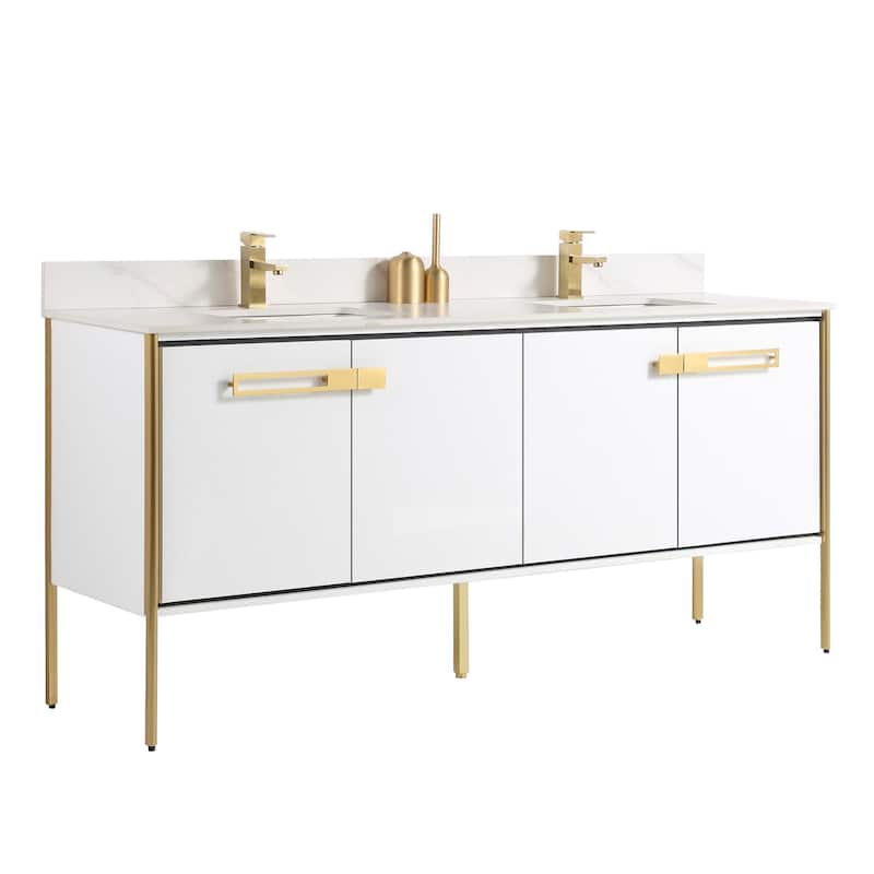 Fine Fixtures Oakville Bathroom Vanity with White Ceramic Sink - 72 Inch - White Matte - Satin Brass Hardware