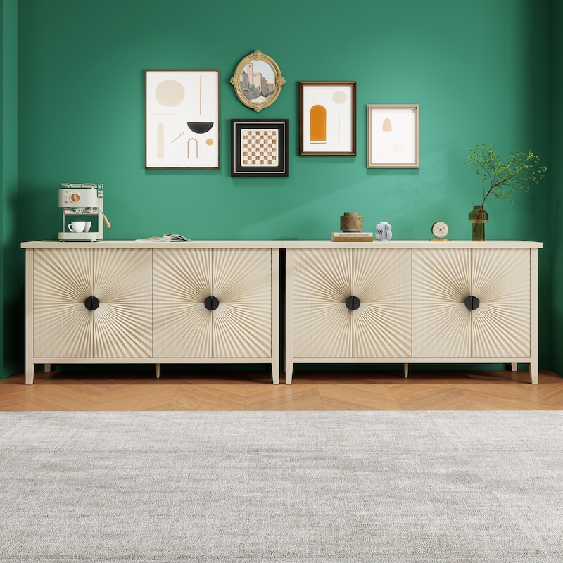 Roomfitters Modern 4 Door Sideboard, Buffet Cabinet with Carved Storage, Coffee Bar Cabinet with Adjustable Shelf, Natural - Natural