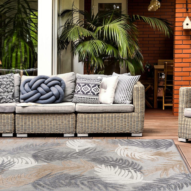 World Rug Gallery Tropical Floral Modern Indoor/Outdoor Area Rug - 10' X 14' - Beige