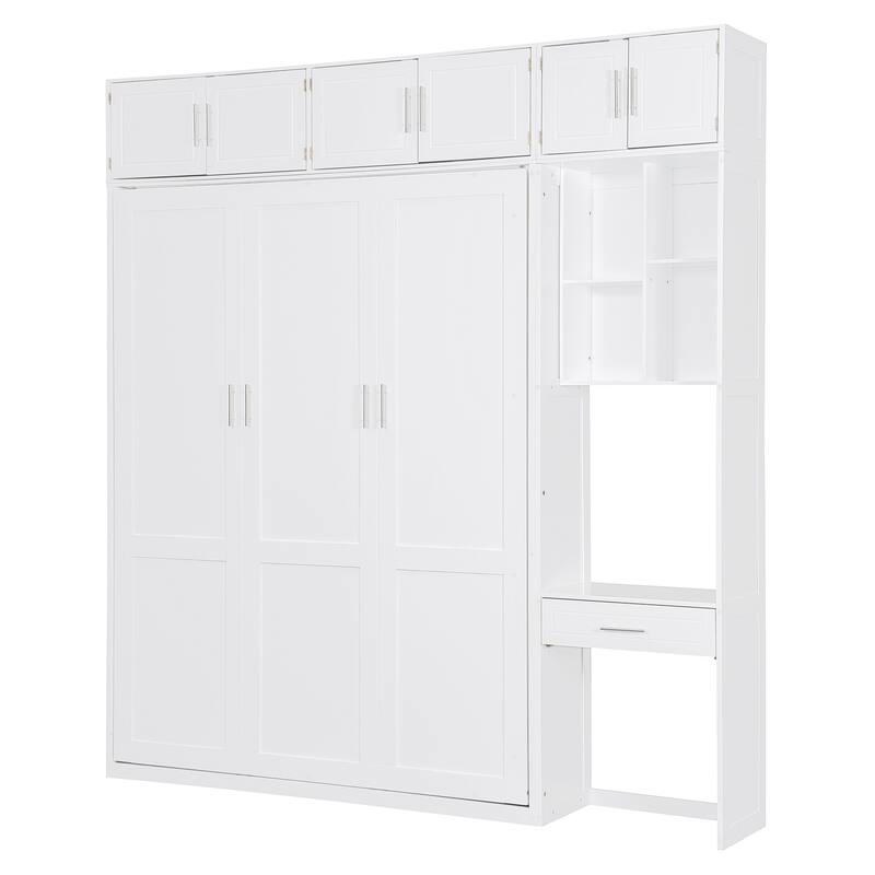 Queen Size Solid Wood Murphy Bed with Built-In Desk, Cabinets & Shelves, Foldable Wall Bed, Multifunctional Storage