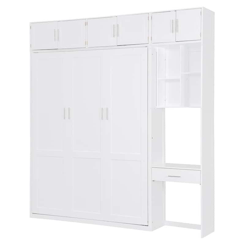 Space-Saving Queen Murphy Bed with Desk, Storage Shelves and Top Cabinets, Foldable Wall Bed in White