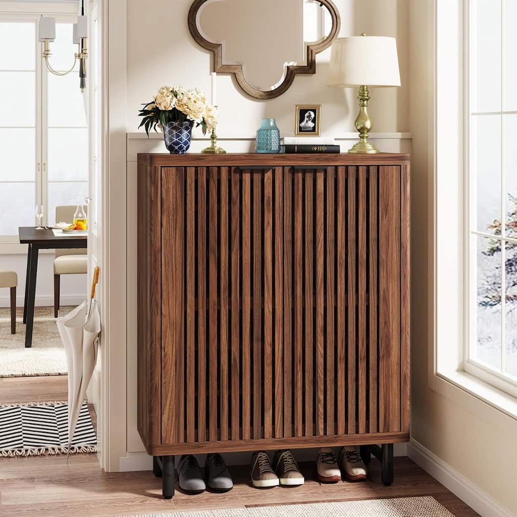 33" Modern Walnut Wooden 6-Tier Shoe Cabinet with Louvered Doors