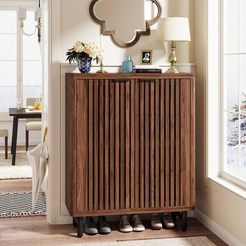 6-Tier Shoe Cabinet with Shutter Doors Adjustable Shelves Wooden Storage Cabinet for Entryway/Hallway/Closet/Living Room