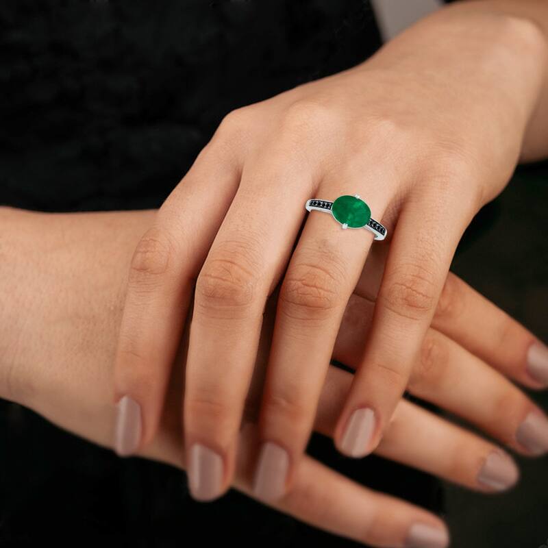 Marquee Jewels Emerald and Black Diamond Ring in 10K White Gold