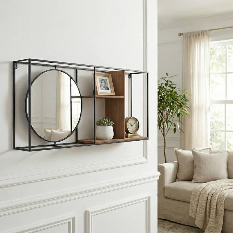 Wall Mount Shelf - Black Metal Brown Wood with Mirror - 34.0"