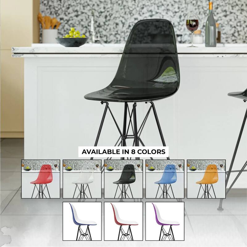 Cresco Acrylic Barstool in Brushed Black Steel Base with Ergonomic Seat, Footrest, & Floor Pads for Kitchen or Home Bar Set of 2