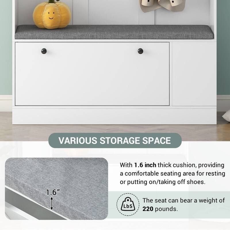 5in1 Hall Tree Bench with Coat Rack, Cushion and 3 Sturdy Hooks for