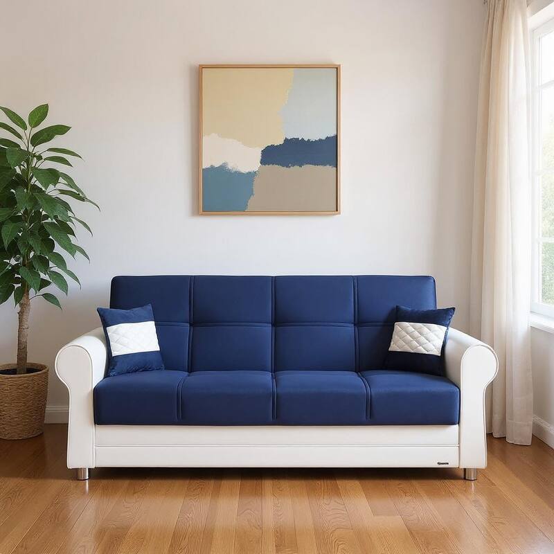 HomeRoots 89" Sky Blue Polyester Convertible Futon Sleeper Sofa And Toss Pillows With Storage - Sky Blue