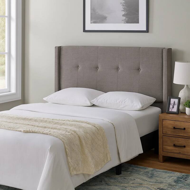 Adams California King Size Headboard, Metal Legs, Tufted Linen, Grey