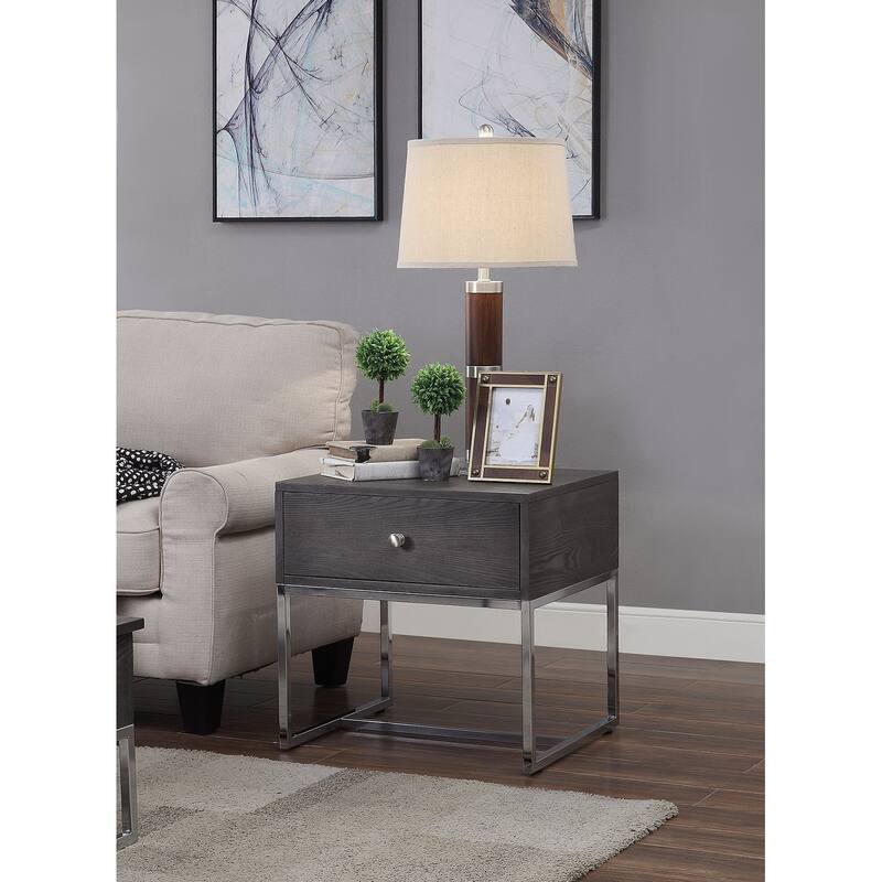 Wooden End Table with Tubular Metal Base and Spacious Drawer, Gray and Silver