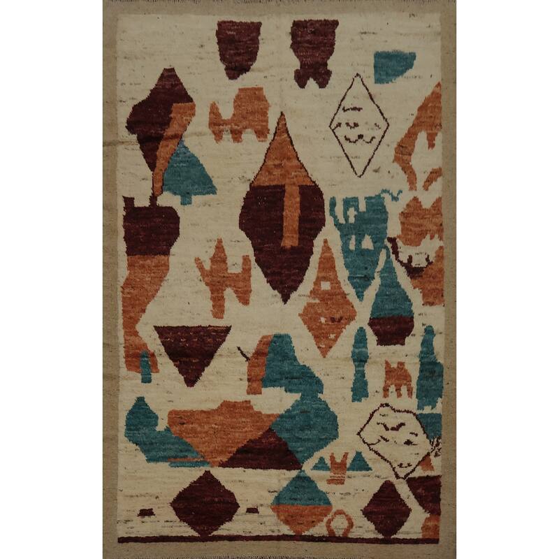 Hand Knotted Oriental 100% Wool Carpet Modern Geometric Beige & Ivories Moroccan Area Rug - 9' 7'' X 6' 10''