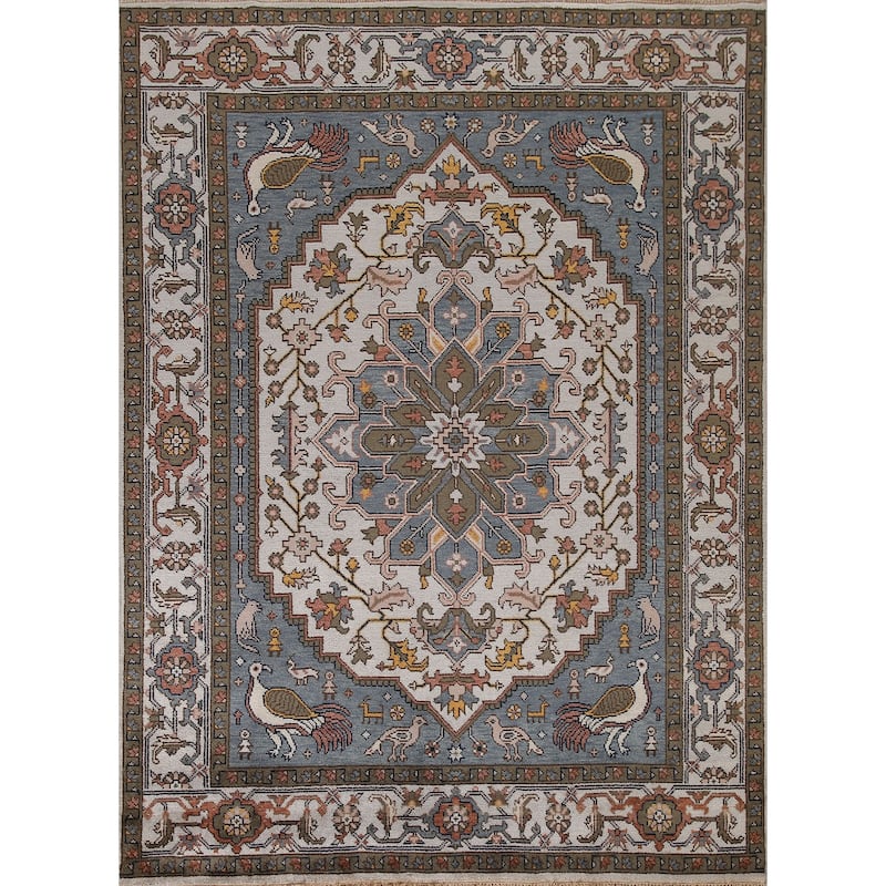 Animal Pictorial Heriz Serapi Indian Area Rug Handmade Wool Carpet - 7'10"x 9'7"