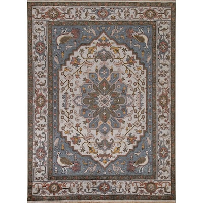 Animal Pictorial Heriz Serapi Indian Area Rug Handmade Wool Carpet - 7'10"x 9'7"