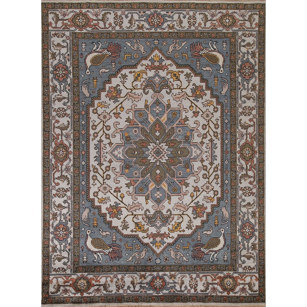 Animal Pictorial Heriz Serapi Indian Area Rug Handmade Wool Carpet - 7'10"x 9'7"