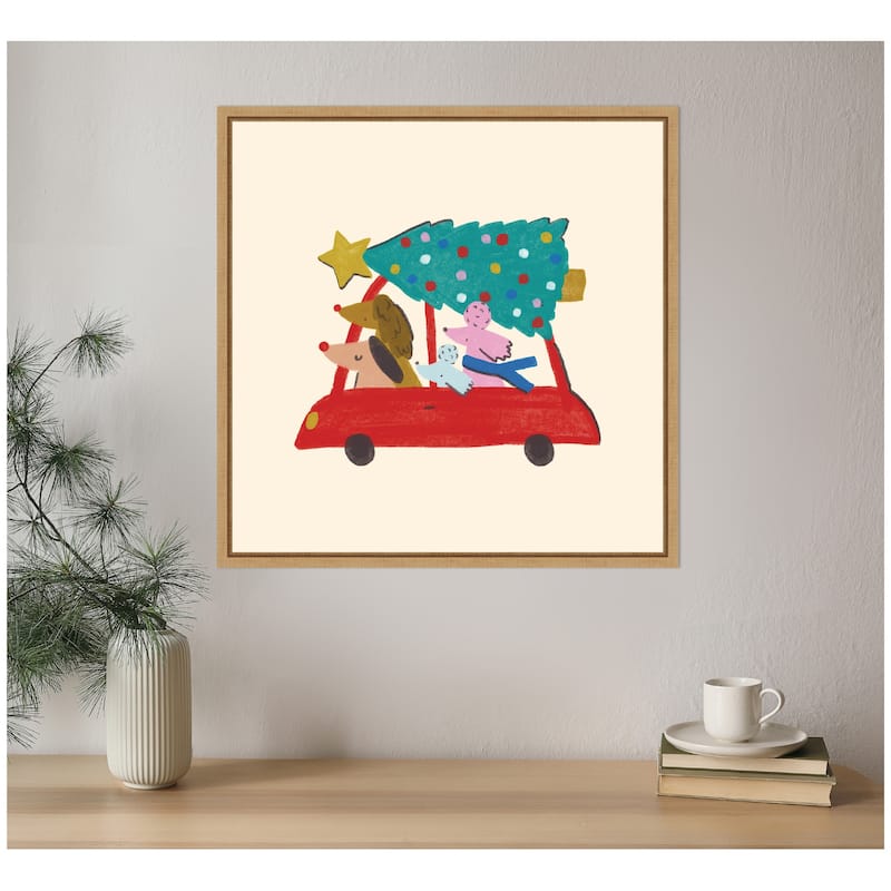 Kate and Laurel Sylvie Framed Canvas Driving Home For Christmas by Aislinn Simmonds Duchess Plum
