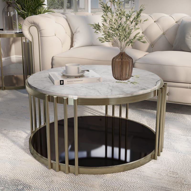 Roberts Glam Brass and White 28-inch Faux Marble 1-Shelf Drum Coffee Table by Furniture of America